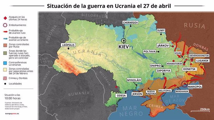 Mapa con la situación de la guerra en Ucrania el 27 de abril de 2022 (Estado a las 10:00 horas). Las autoridades ucranianas han denunciado a primera hora de este miércoles la situación que viven miles de civiles en la planta de Azovstal en la ciudad de 