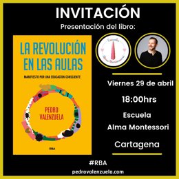 Cartel de la presentación del libro 'La revolución en las aulas', de Pedro Valenzuela