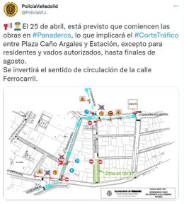 Aviso de la Policía Municipal de Valladolid sobre el corte de tráfico para el 25 de abril en la calle Panaderos.