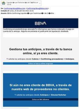 Archivo - Eset alerta de una nueva suplantación por email de BBVA que instala un malware