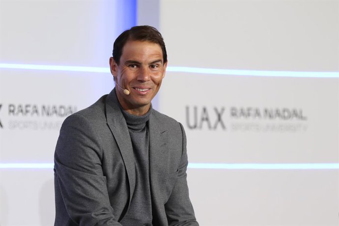 Rafael Nadal attends during the presentation of the UAX Rafa Nadal Sports University in the Campus of the Universidad Alfonso X el Sabio in April 28, 2022, in Villanueva de la Cañada, Madrid, Spain.