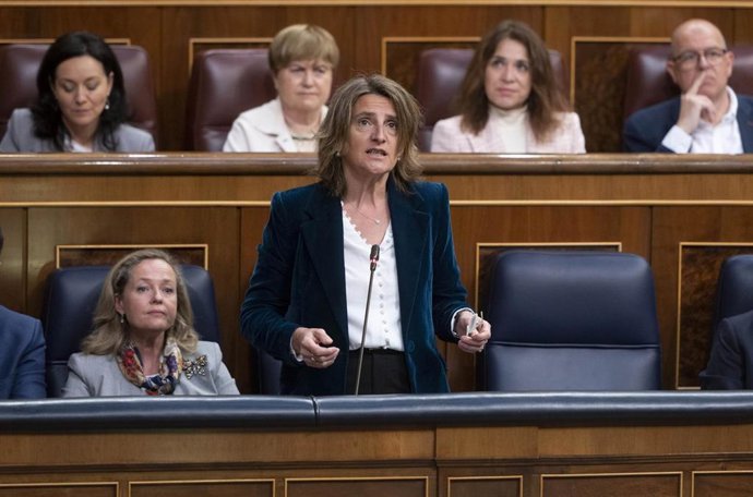 La vicepresidenta tercera y ministra para la Transición Ecológica y el Reto Demográfico, Teresa Ribera, en una imagen del 27 de abril en el Congreso. 