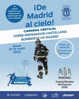 Cartel anunciador de la Carrera Vertical Torre Emperado Castellana Bomberos de Madrid