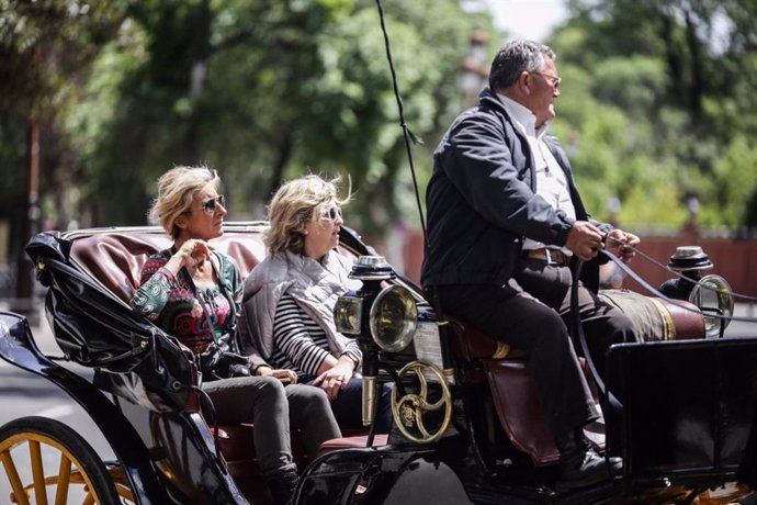 Turistas en un paseo en coche de caballos