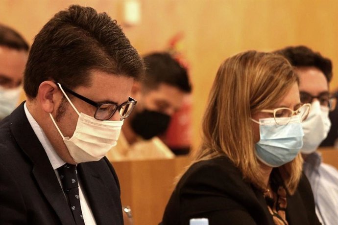 El portavoz adjunto de Cs en la Diputación, Manuel Benjumea, y la portavoz de este grupo, Carmen Santa María, en el Pleno del organismo provincial.