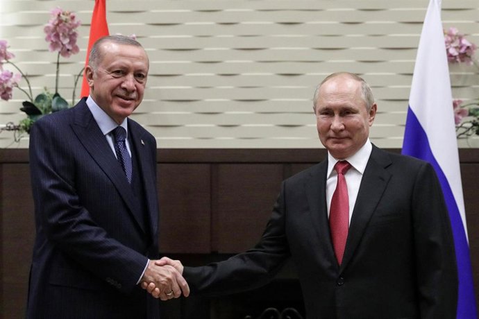 Archivo - El presidente de Turquía, Recep Tayyip Erdogan, y su homólogo ruso, Vladirmir Putin, en una reunión en 2021