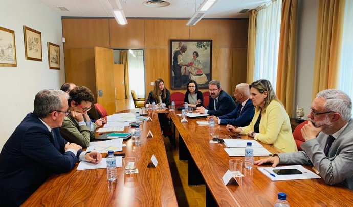 La secretaria general de Cooperación Territorial, Miryam Álvarez, junto al director general de la Administración General del Estado en el Territorio, Agustín Torres, en la reunión con la delegada del Gobierno en Extremadura, Yolanda García Seco.
