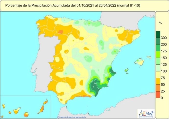 Mapa de lluvias acumuladas en el año hidrológico, que comenzó el 1 de octubre de 2021, hasta el 26 de abril de 2022.