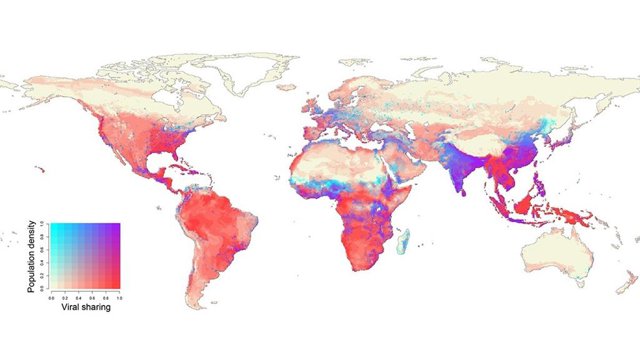 En 2070, los centros de población humana en África ecuatorial, el sur de China, India y el sudeste asiático se superpondrán con los puntos críticos  proyectados de transmisión viral entre especies en la vida silvestre.