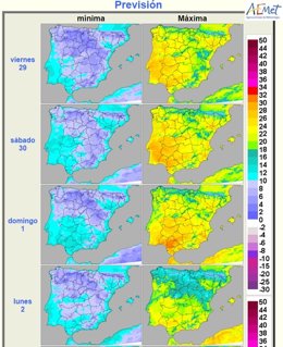 Mapas facilitados por la Aemet sobre la previsión meteorológica para el puende de mayo en CyL