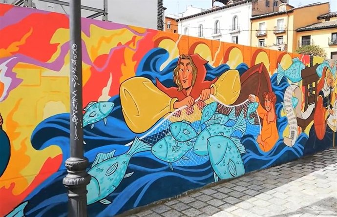 Rodríguez Paterna luce ya un mural con varias escenas de San Bernabé, obra de la joven artista logroñesa Sara Martínez