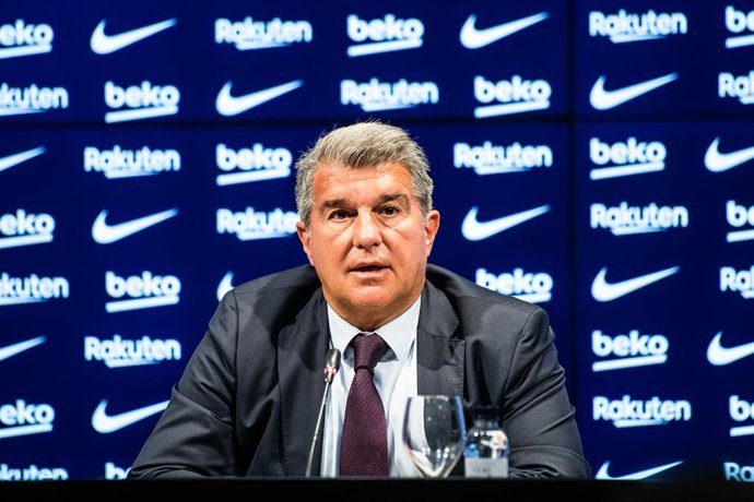 Joan Laporta, President of FC Barcelona, attends during a press conference to valuaring and announcement of measures for tickets sales at Camp Nou stadium on April 19, 2022, in Barcelona, Spain.