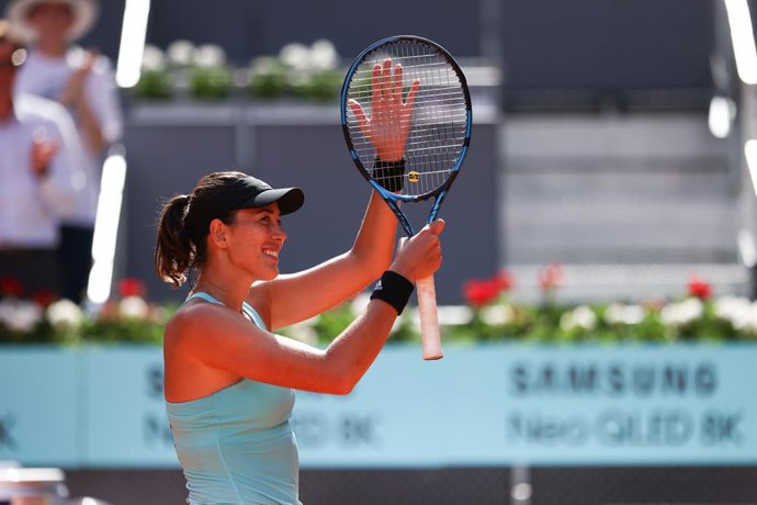 Garbine Muguruza of Spain in action against Ajla Tomljanovic of Australia during the Mutua Madrid Open 2022 celebrated at La Caja Magica on April 29, 2022, in Madrid, Spain.