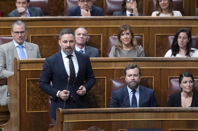 El líder de Vox, Santiago Abascal, interviene en una sesión plenaria