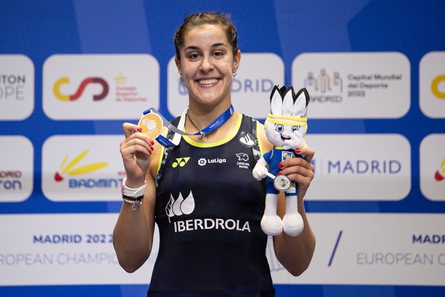 Carolina Marin from Spain received the gold medal during European Badminton Championship at Gallur Sports Center on April 30, 2022 in Madrid, Spain.