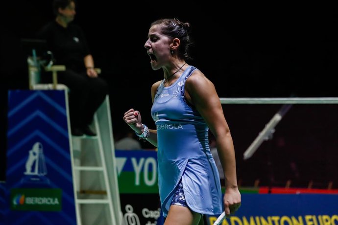 Carolina Marin from Spain celebrates during European Badminton Championship at Gallur Sports Center on April 29, 2022 in Madrid, Spain.