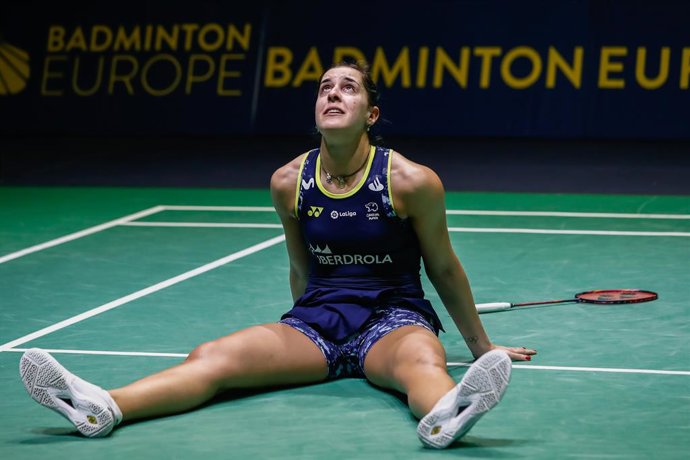 Carolina Marin from Spain celebrates the victory during European Badminton Championship at Gallur Sports Center on April 30, 2022 in Madrid, Spain.