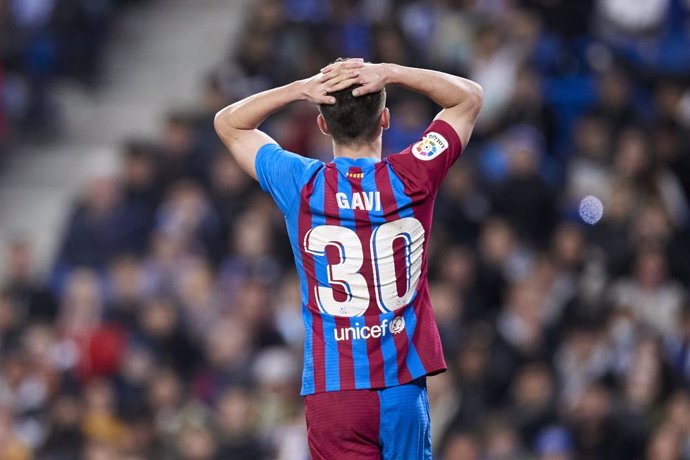 Pablo Gavi of FC Barcelona reacts during the Spanish league match of La Liga between, Real Sociedad and FC Barcelona at Reale Arena on April 21, 2022, in San Sebastian, Spain.