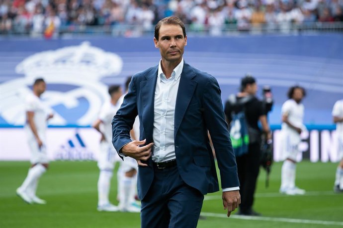 Rafael Nadal, tennis player from Spain gestures during the Spanish League, La Liga Santander, football match played between Real Madrid and RCD Espanyol at Santiago Bernabeu stadium on April 30, 2022, in Madrid, Spain.