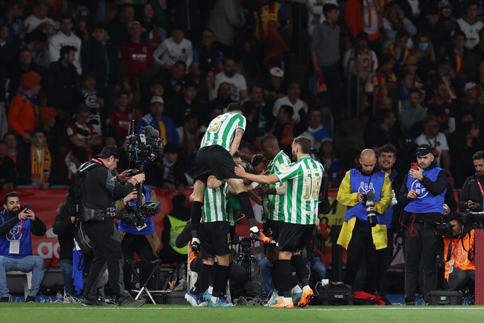 Borja Iglesias of Real Betis celebrates a goal during the Spanish Cup, Copa del Rey, football Final match played between Real Betis Balompie and Valencia CF at Estadio de la Cartuja on April 23, 2022, in Sevilla, Spain