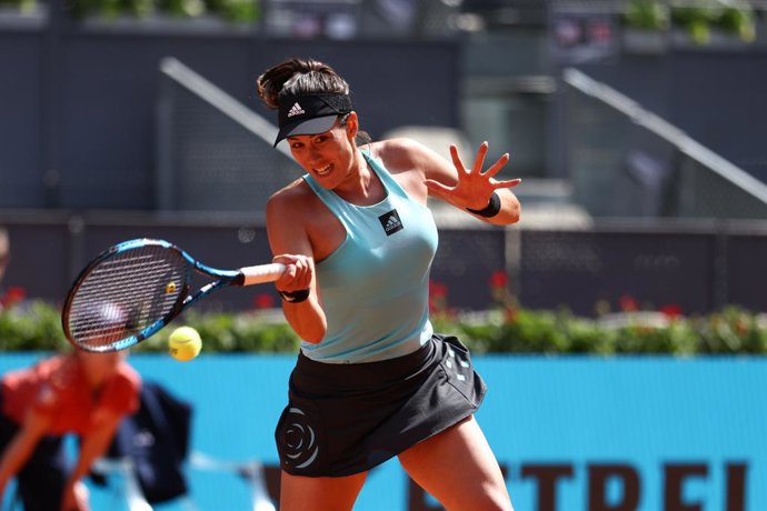 Garbine Muguruza of Spain in action against Ajla Tomljanovic of Australia during the Mutua Madrid Open 2022 celebrated at La Caja Magica on April 29, 2022, in Madrid, Spain.