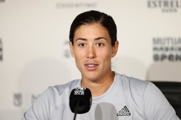 Garbine Muguruza of Spain attends her press conference during the Mutua Madrid Open 2022 celebrated at La Caja Magica on April 29, 2022, in Madrid, Spain.