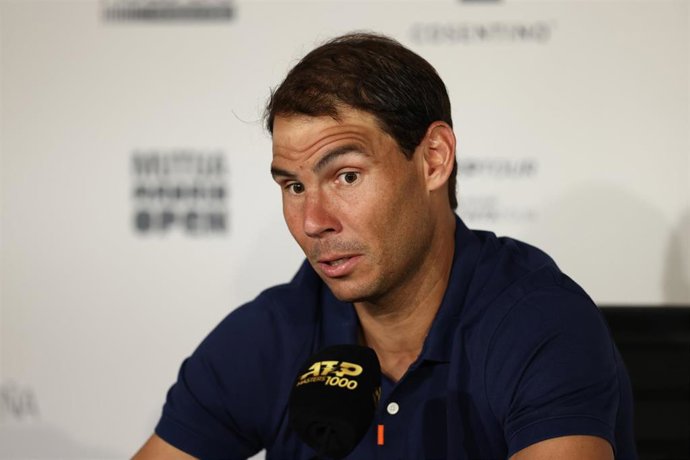 Rafael Nadal durante su comparecencia ante los medios en la previa del Mutua Madrid Open 2022