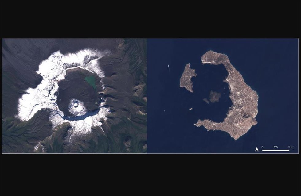 Los cráteres volcánicos de Aniakchak II (izquierda) y Thera (derecha).