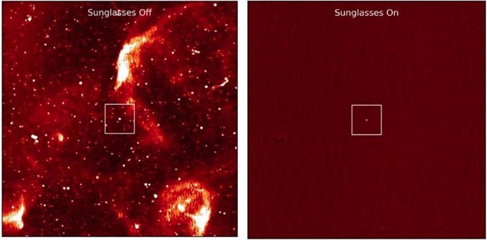 Comparación de vistas del púlsar, sin y con 'gafas de sol' telescópicas.