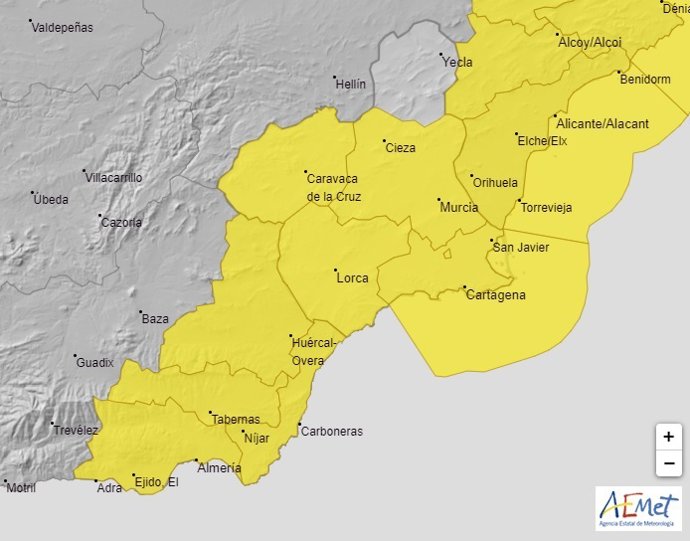 Aemet activa el aviso amarillo por lluvias en la mayor parte de la Región para este miércoles
