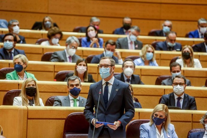 Archivo - El portavoz del PP en el Senado, Javier Maroto, interviene durante una sesión de control al Gobierno en el Senado, a 19 de octubre de 2021, en Madrid (España). El Partido Popular quiere que el Senado apruebe una declaración institucional que i