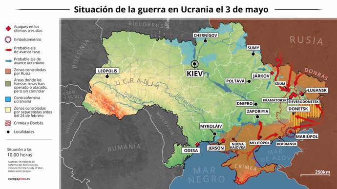 Mapa con la situación de la guerra en Ucrania el 3 de mayo de 2022 (Estado a las 10:00 horas). Las Fuerzas Armadas de Ucrania han asegurado este martes en su último informe que han incautado 17 tanques rusos, 60 BMP-1, veintidós unidades de equipo blind