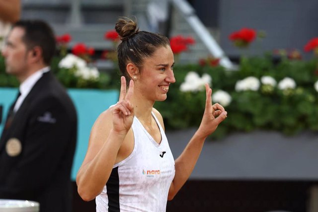 La tenista española Sara Sorribes celebrando una victoria en el Mutua Madrid Open 2022