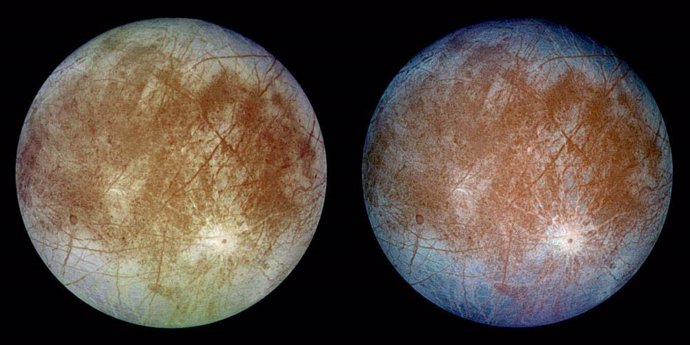 Esta imagen, tomada por la nave espacial Galileo en 1996, muestra dos vistas del satélite cubierto de hielo de Júpiter, Europa.