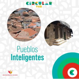 Cartel de las jornadas dirigidas a fomentar ayudas para el desarrollo de pueblos inteligentes que tendrán lugar en la Red Circular FAB de la Diputación de Cáceres