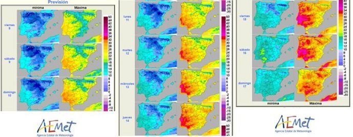 Mapas facilitados por la Aemet para ilustrar la previsión meteorológica en CyL para los próximos diez días