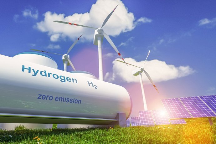 Hydrogen renewable energy production - hydrogen gas for clean electricity solar and windturbine facility.