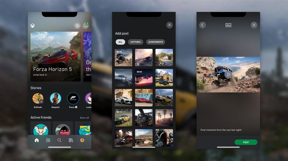 Captura de la aplicación de Xbox para móviles, con la nueva opción para compartir historias