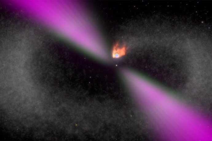 Una vista ilustrada de un púlsar viuda negra y su compañero estelar. Las emisiones de rayos gamma del púlsar (magenta) calientan fuertemente el lado opuesto de la estrella (naranja). El púlsar está evaporando gradualmente a su compañero.