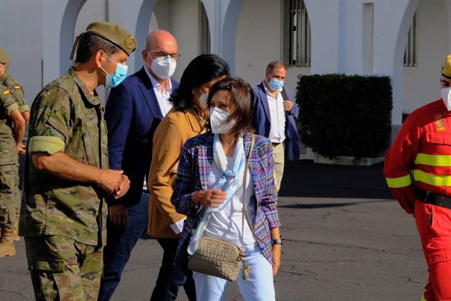 Margarita Robles visits La Palma after finishing the volcanic operation Archive - The Minister of Defense, Margarita Robles, during a visit to the facilities of the El Fuerte Barracks, in Breña Vieja, on October 10, 2021, in La Palma, Canary Islands (Spain). Defense Minister Margarita Robles visits this Sunday