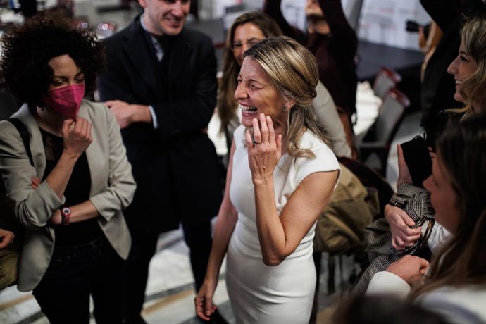 La vicepresidenta segunda y ministra de Trabajo, Yolanda Díaz, en el Desayuno Informativo de Europa Press, en el Hotel Rosewood Villa Magna Salón "Gran Presidencial", a 4 de mayo de 2022, en Madrid (España).