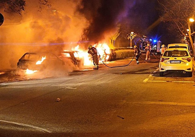 Los bomberos extinguen de madrugada un incendio que calcina cuatro vehículos y afecta a arbolado