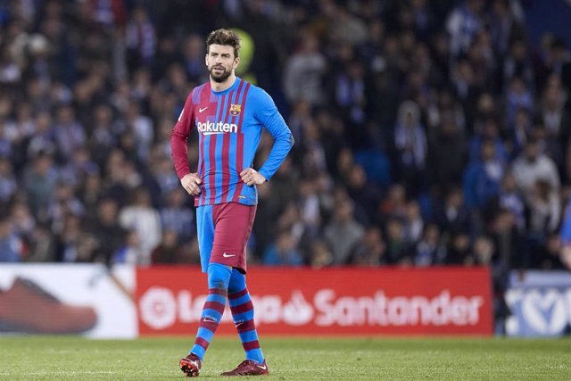 Gerard Pique of FC Barcelona looks on during the Spanish league match of La Liga between, Real Sociedad and FC Barcelona at Reale Arena on April 21, 2022, in San Sebastian, Spain.