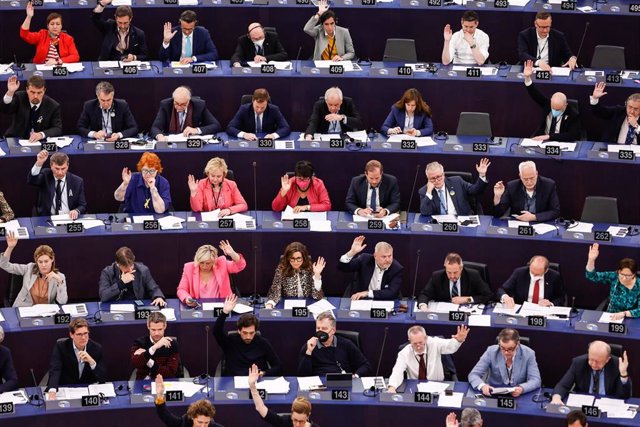 Eurodiputados votan en una sesión plenaria