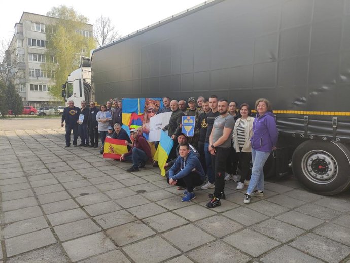 El tráiler de Correos con ayuda humanitaria que ha viajado desde Sevilla a Polonia para los afectados por la invasión rusa a Ucrania.