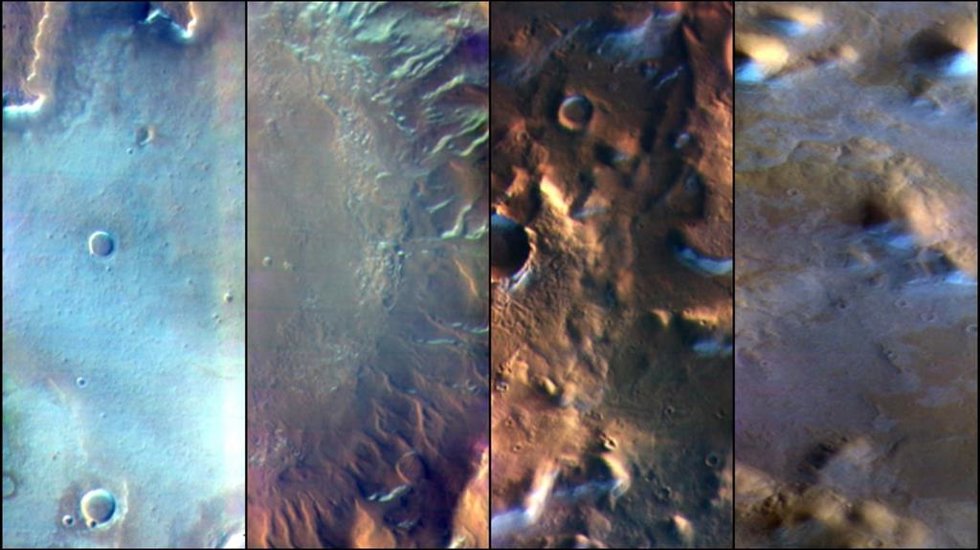 La escarcha de la superficie marciana, compuesta en gran parte de dióxido de carbono, aparece de color blanco azulado en estas imágenes de la cámara del Sistema de imágenes de emisión térmica (THEMIS) a bordo del orbitador Odyssey 2001 de la NASA.