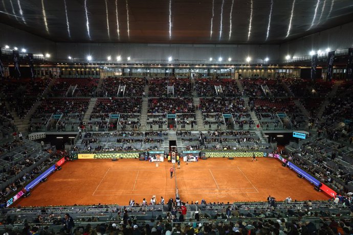 General view of the match between Gael Monfils of France and Novak Djokovic of Serbia during the Mutua Madrid Open 2022 celebrated at La Caja Magica on May 03, 2022, in Madrid, Spain.