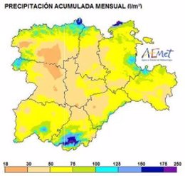 Mapa elaborado por la Aemet sobre la precipitación acumulada en CyL en el mes de abril de 2022
