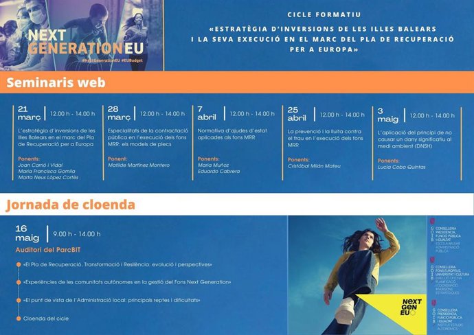 Cartel del ciclo formativo 'Estrategia de inversiones de Baleares y su ejecución en el marco del Plan de Recuperación para Europa'.