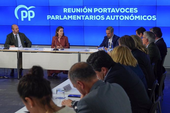 La secretaria general del PP, Cuca Gamarra, con  los portavoces parlamentarios autonómicos del PP durante una reunión en Madrid, a la que también han asistido el coordinador general, Elías Bendodo, y más cargos del partido. En Madrid, a 6 de mayo de 202